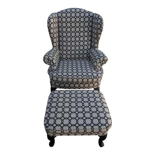 Sylvia Wingback Chair With Ottoman/Stool. Model Is a Traditional Queen Anne Style Chair With Cabriole Legs and Rolled Arms. For Sale