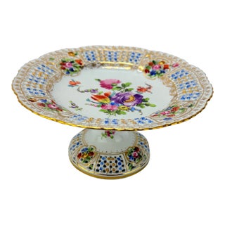 Antique Dresden Floral Encrusted & Pierced Porcelain Compote For Sale
