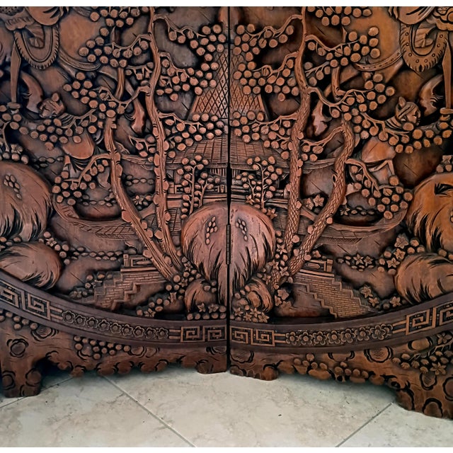 Brown 1930s Chinese Ornate Large Round Carved Teak Wood Equestrian Screen Divider For Sale - Image 8 of 18
