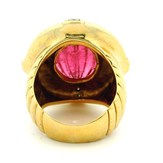 Vintage Italian 18k Gold Carved Rubellite Tourmaline Diamond Bombe Ring, Size 7 For Sale In Miami - Image 6 of 10