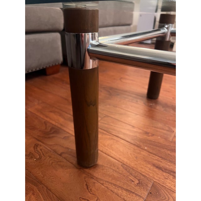 Wood 1980s Mid Century Modern Wood, Chrome and Glass Large Coffee Table For Sale - Image 7 of 9