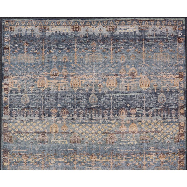 Tribal Layered Modern Khotan Rug by Keivan Woven Arts in Blue and Warm Sand 10 X 14 For Sale - Image 3 of 16