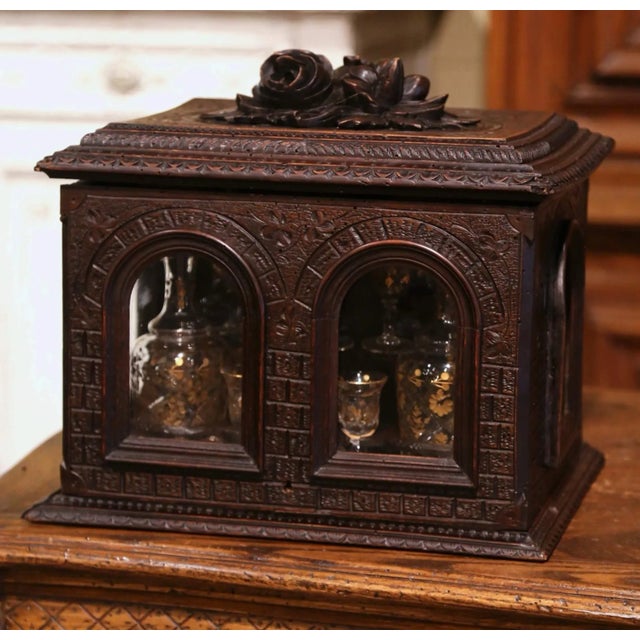 French 19th Century French Black Forest Walnut Cave À Liqueur With Gilt Crystal Service For Sale - Image 3 of 11