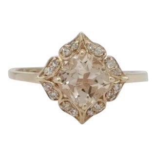 Mid 20th Century Morganite Square Cushion & Round Diamond Ring in 14k Rose Gold Size 7 For Sale