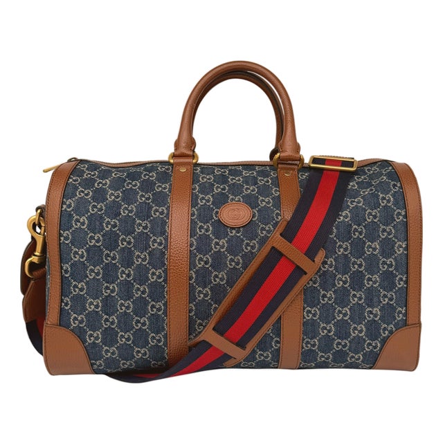 Gucci Denim Gg Supreme Canvas and Brown Leather Duffle Bag, Spring/Summer 2022. For Sale