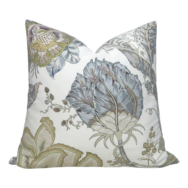 Kalamkari Floral Pillow Cover in Aqua, 20x20 Pillow For Sale