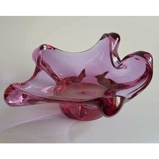 Glass Mid 20th Century Raspberry Pink Art Glass Dish With Pedestal For Sale - Image 7 of 11
