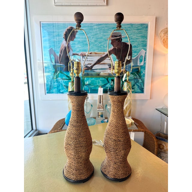 Vintage Pair of Nautical Rope Table Lamps Newly Wired New 3 Way Brass Sockets For Sale In West Palm - Image 6 of 10