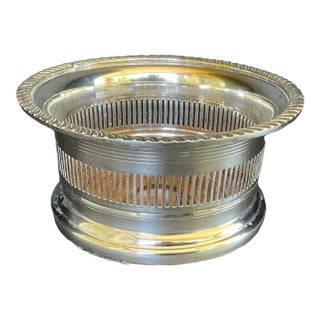 Vintage Reticulated Silver Plate Wood Wine Bottle Coaster For Sale