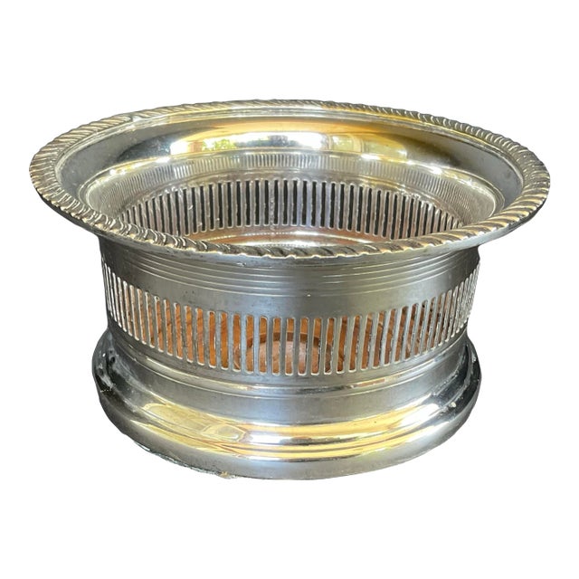 Vintage Reticulated Silver Plate Wood Wine Bottle Coaster For Sale
