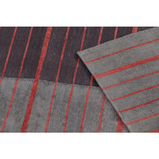 Textile Rug & Kilim’s Contemporary India Dhurrie Rug in Gray and Red Geometric Stripes For Sale - Image 7 of 9