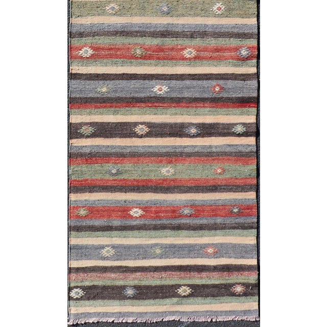 Measures: 2'8 x 10'7 Turkish Vintage Kilim Striped Runner with Tribal Motifs in Copper and Greens. Keivan Woven Arts / rug...