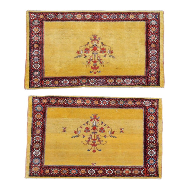 Whimsical Pair of Yellow Persian Ferehan Mats For Sale