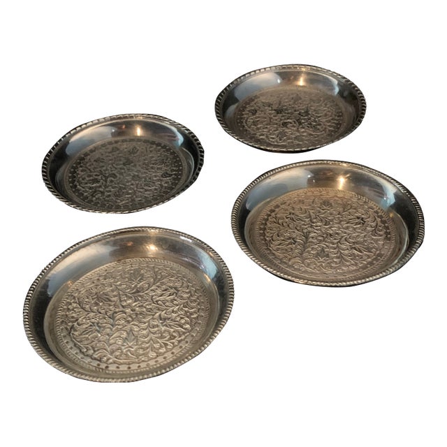 Vintage Nickel German Silver Drinking Coasters Ornate Repousse Flowered - Set of 4 For Sale