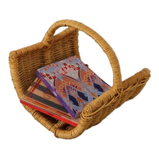 Large Vintage Woven Wicker Catchall / Magazine / Log Holder Basket For Sale