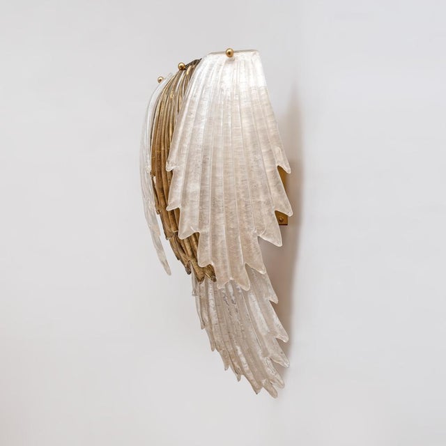 Art Deco Italian Murano Glass and Brass Leaf Wall Sconce, 2000s, Set of 2 For Sale - Image 3 of 11