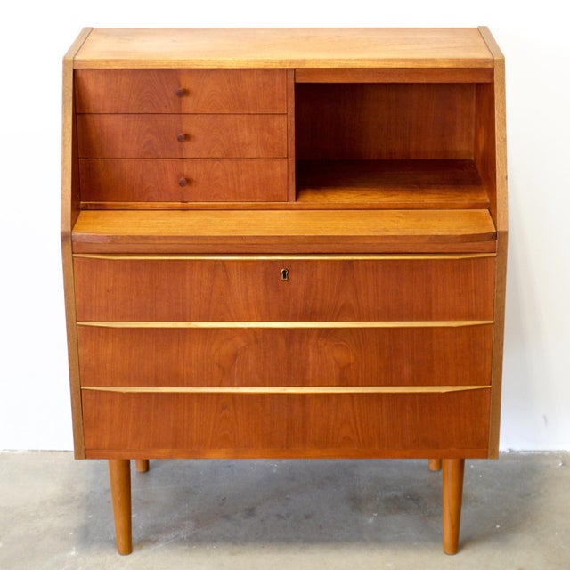 Mid-Century Modern 1950s Danish Teak Secretary Desk With Hidden Vanity & Mirror For Sale - Image 3 of 11