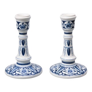 Vintage Dutch Delft Candlesticks - a Pair For Sale