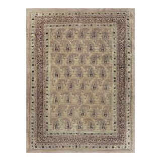 1900s Beige Paisley Floral Room Size Antique Knotted Wool Indian Agra Carpet Rug For Sale