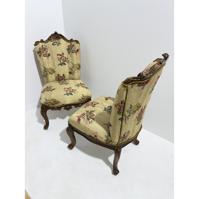 Brown Small Louis XV Style Armchairs in Curved Carved Wood with Floral Fabric, 1940s, Set of 2 For Sale - Image 8 of 10