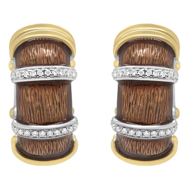 18K Yellow and White Gold Flash Plated .925 Sterling Silver Clear Brown Enamel 9/10 Cttw Round Diamonds Huggie Hoop Earrings For Sale