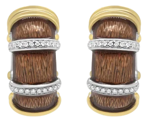 18K Yellow and White Gold Flash Plated .925 Sterling Silver Clear Brown Enamel 9/10 Cttw Round Diamonds Huggie Hoop Earrings
