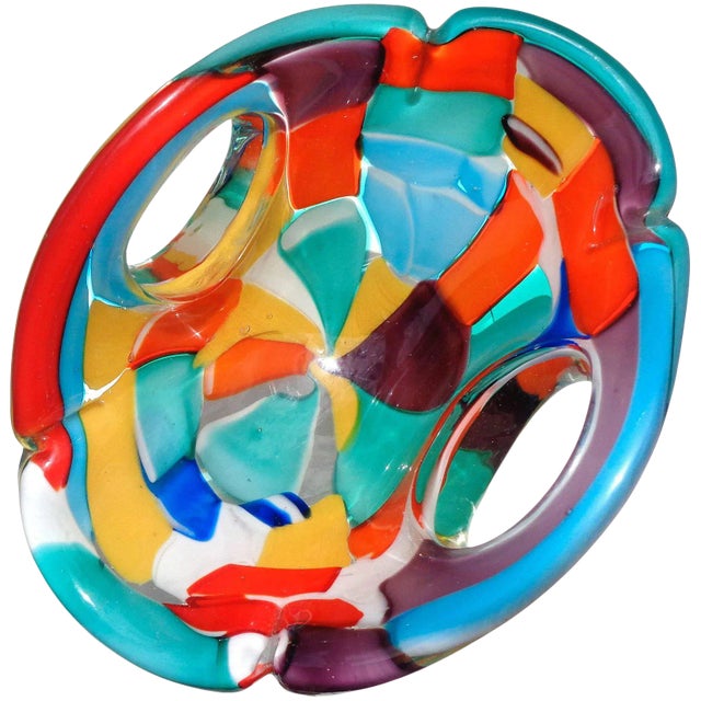 Vintage Murano Rainbow Colors Pezzato Design Italian Art Glass Mid Century Centerpiece Bowl For Sale