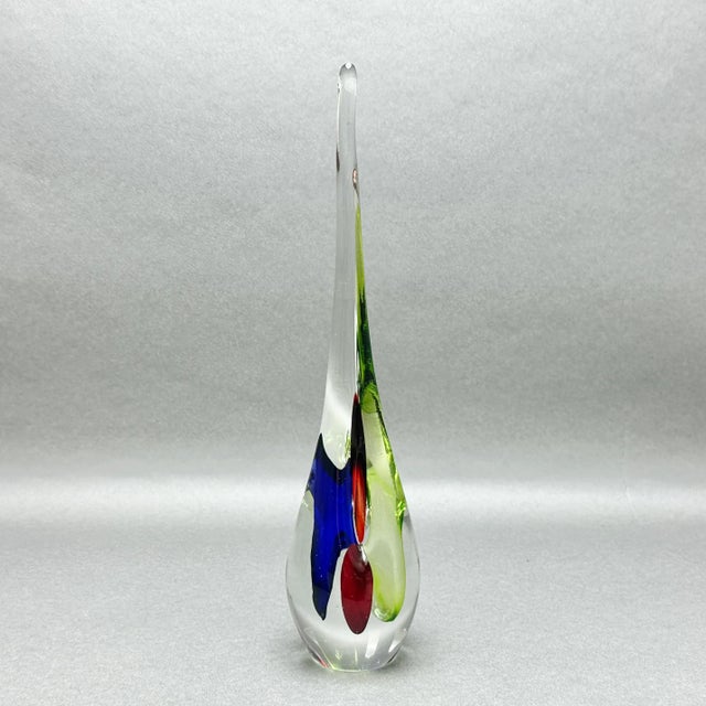 Murano Vintage 1960’s Murano Attributed Clear With Tri Color Sommerso Teardrop Sculpture For Sale - Image 4 of 9