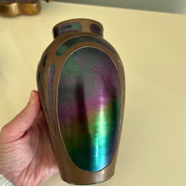 Vintage Bohemian Art Glass Vase With Copper Overlay For Sale - Image 9 of 9
