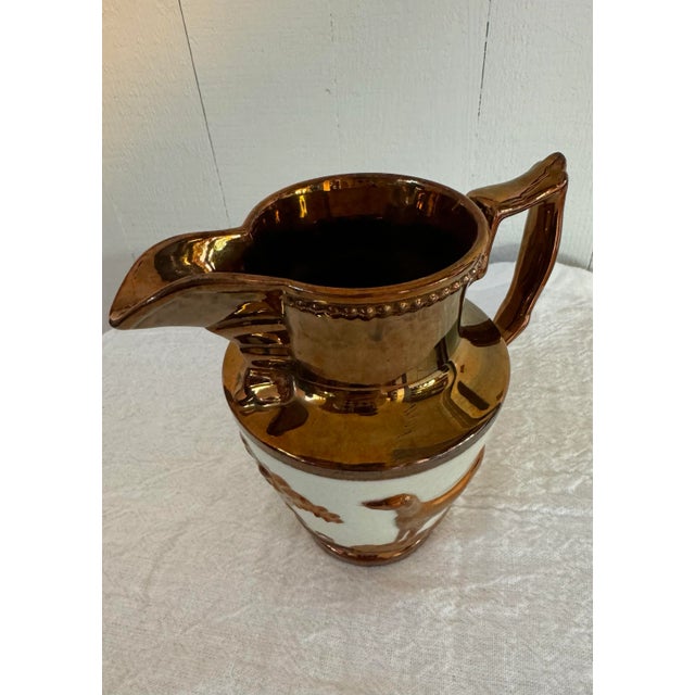 Copper Mid 19th Century Antique English Copper Lusterware Pottery Pitcher With Hound and Ram For Sale - Image 8 of 10