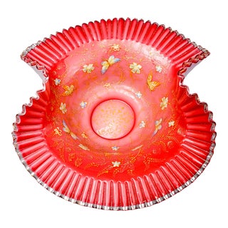 Early 18th Century Victorian Hand Painted Butterflies Ruffled Edge Glass Brides Basket Bowl For Sale