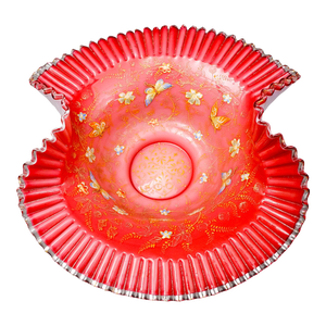 Early 18th Century Victorian Hand Painted Butterflies Ruffled Edge Glass Brides Basket Bowl