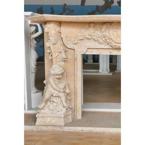 Hand-Carved Fireplace Mantle with Cherubs and Shield Cartouch For Sale - Image 4 of 7