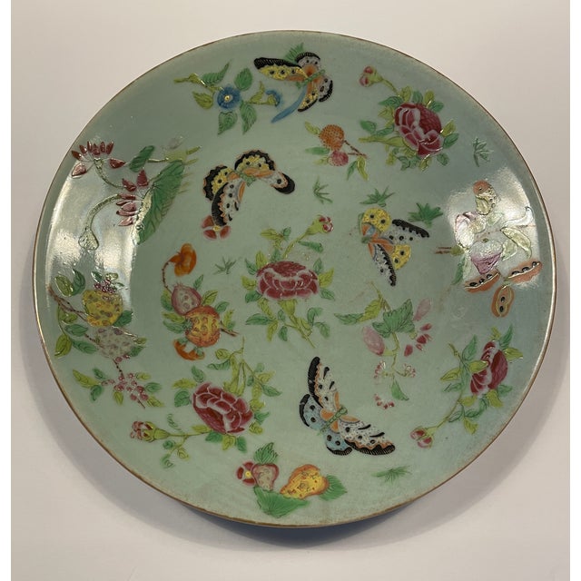 19th century Chinese celadon families rose 10 inch porcelain plate. Probably from Canton. Blue Chinese character mark on...