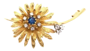 14 Karat Yellow Gold Brooch Pin Center Sapphire and Surrounding Diamonds