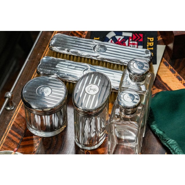 1900s Edwardian Armorial Coat of Arms Antique Sterling Silver Engine Turned Vanity Dressing Table Grooming Brushes Bottles Jars For Sale - Image 11 of 18