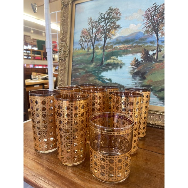 Mid-Century Modern 1960s Gold-Toned Filigree Highball & Lowball Glassware Set - Set of 9 For Sale - Image 4 of 10