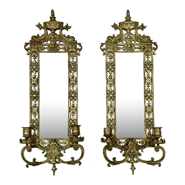 Pair of Mid 19th Century Renaissance Revival Brass Wall Sconce Mirrors For Sale