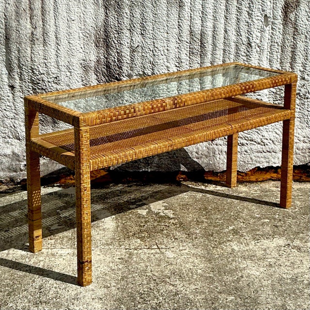 Late 20th Century Vintage Coastal Woven Rattan Console Table For Sale - Image 5 of 9