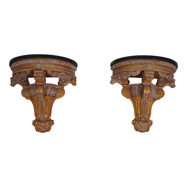 Pair Maitland Smith Gold & Marble Hanging Wall Shelves For Sale