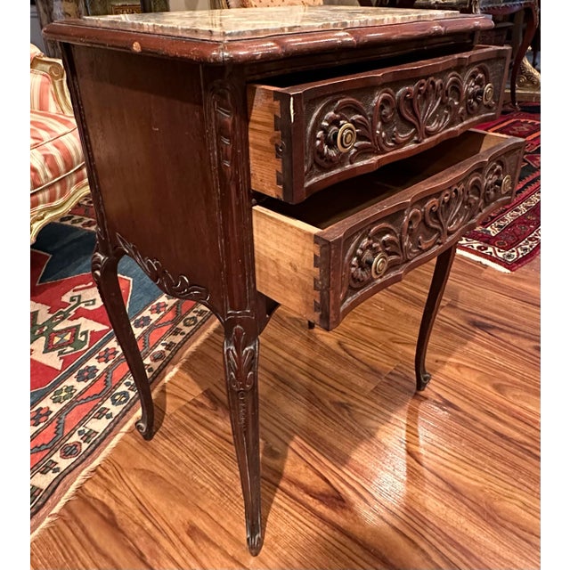 Pair of French Provincial Antique Marble Top Walnut Commodes For Sale - Image 10 of 12