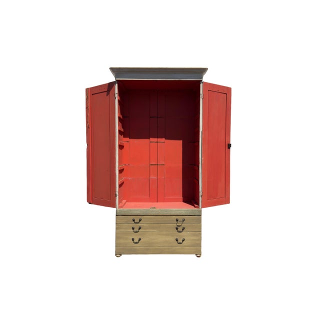 Antique Gustavian Style Painted Armoire With Painted Diamond Panels & Coral Interior For Sale - Image 10 of 14
