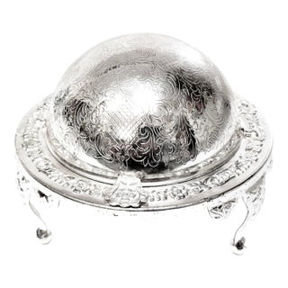 Vintage English Silverplate Dome Butter Dish With Ornate Repoussé Design – Made in England For Sale