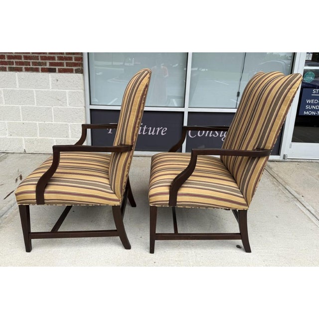 Wood Pair of Ethan Allen High Back Arm Chairs With Striped Upholstery For Sale - Image 7 of 16