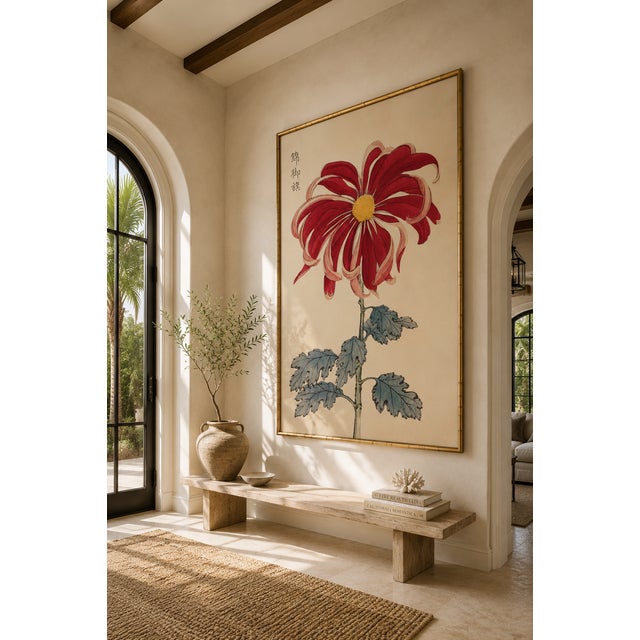 Red Asian Floral Giclee, Vintage Japanese Red Botanical Art Print, 36" X 54" For Sale - Image 8 of 9