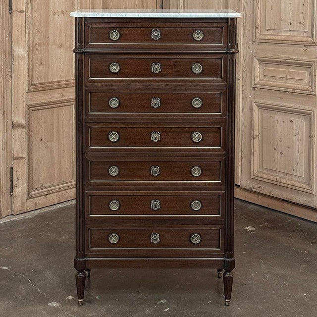 Late 19th Century 19th Century Louis XVI Mahogany Carrara Marble Top Semainier ~ Tall Chest of Drawers For Sale - Image 5 of 18