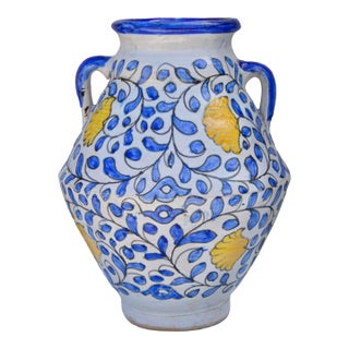 Mid 20th Century Blue & Orange Andalusian-Patterned Ceramic Vase W/ Handles For Sale