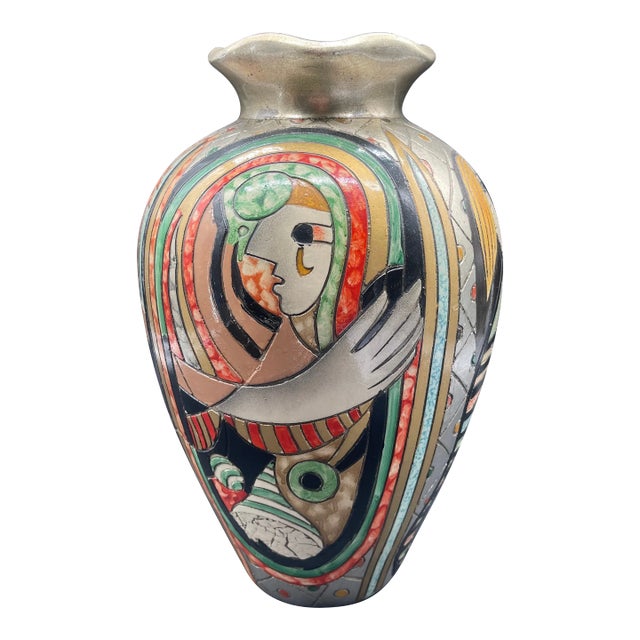 Tall Baluster Cubism Pottery Vase For Sale