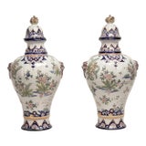 Pair of Antique French Faience Earthenware Lidded Urns For Sale