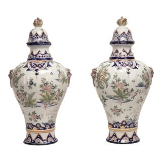 Pair of Antique French Faience Earthenware Lidded Urns For Sale